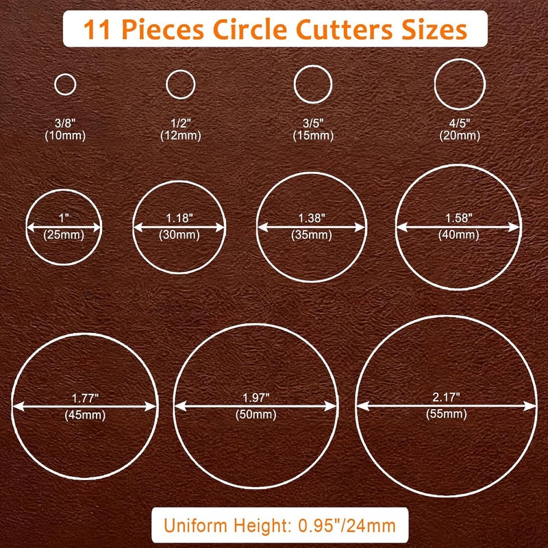 JIDOLAR Leather Circle Cutter Tool Set, 11 Pieces Circle Punch Tools 10 12 15 20 25 30 35 40 45 50 55mm, High Carbon Steel Round Cutting Dies - Leather Hole Punch Tool Kit for DIY Leathercrafts - Image 2